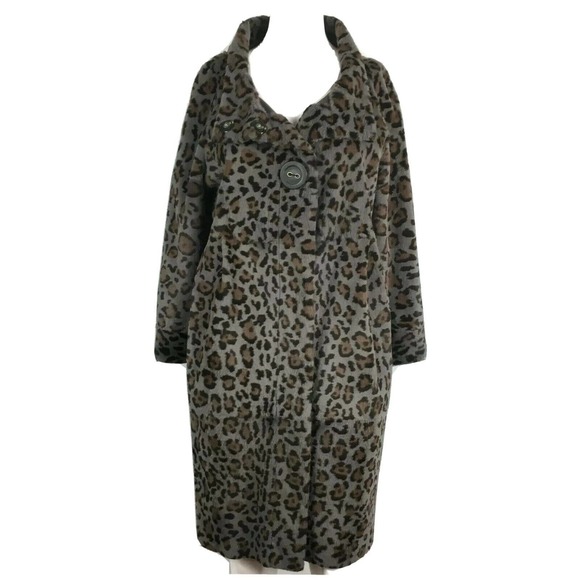 Grandi Coat Womens Sz M Italy Gray Leather Leopard Faux‎ Fur Reversible Trench - Picture 2 of 11